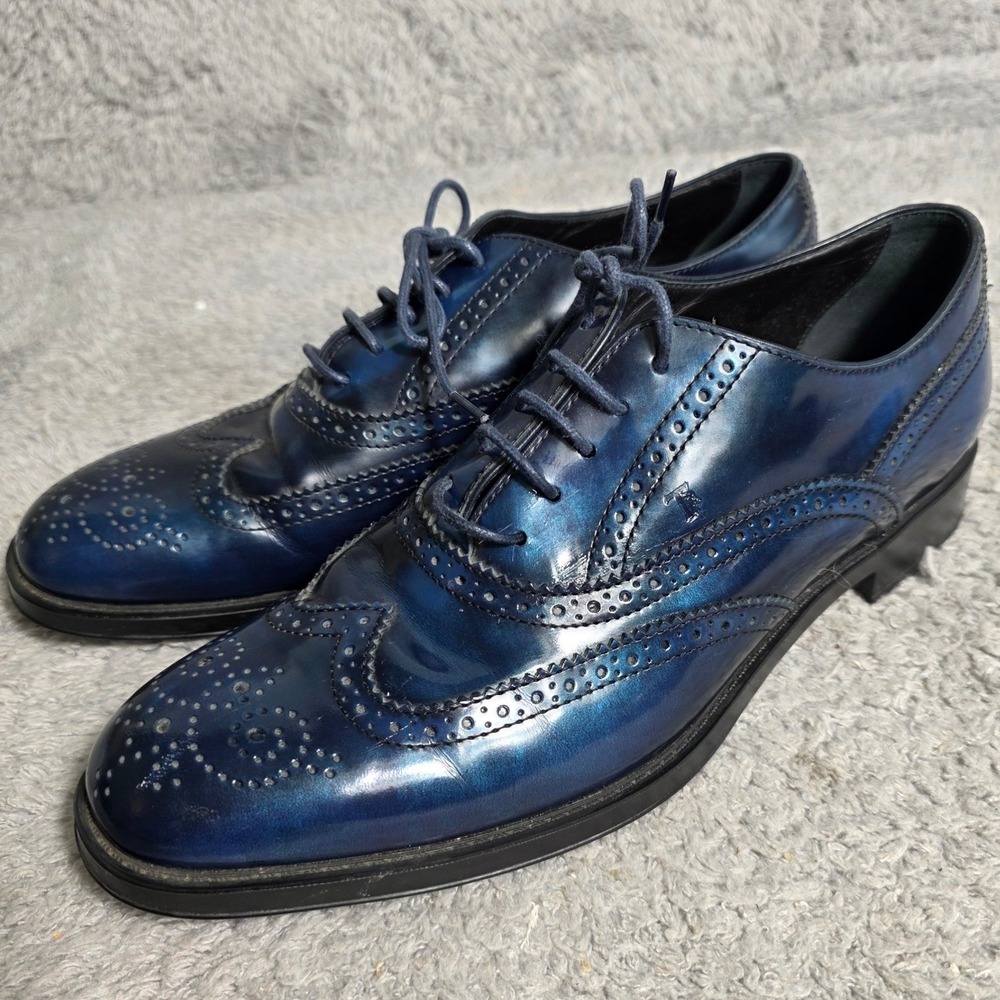 TODS Blue Leather Brogue Wingtip Oxfords Loafers EU 39 Made in Italy Dress Shoes